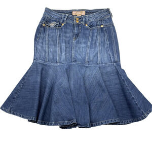 Vintage Y2K Candie's Medium Wash Mid Rise Ruffle Hem Denim Midi Skirt 7 29x24"